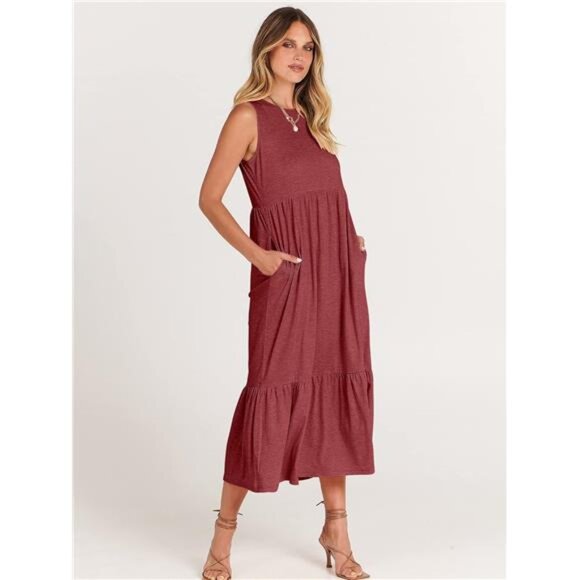 ANRABESS Women Summer Casual Sleeveless Crewneck Sundress Aline Flowy Tiered - Picture 3 of 7